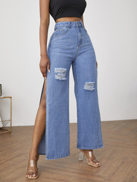 Ladies Fashion Ripped Slit Ladies Jeans