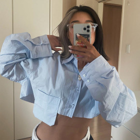 Navel-exposed ultra-short irregular niche design fashion casual polo collar shirt top