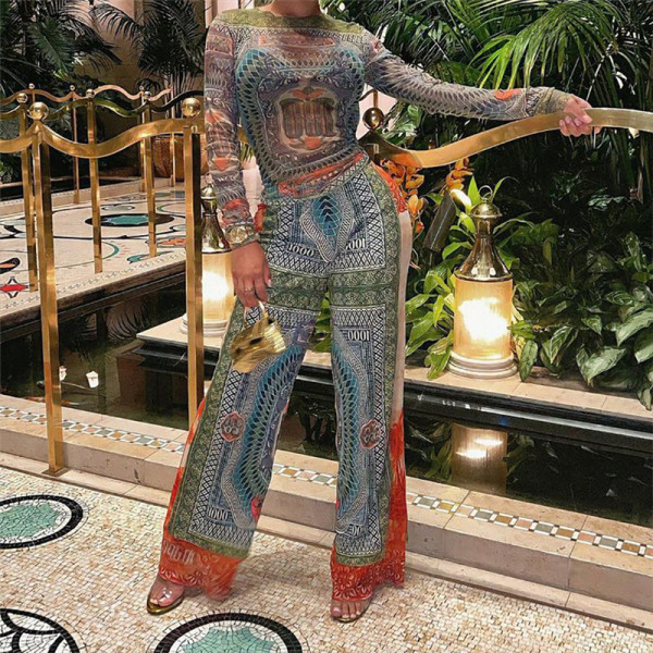 Fashion Print Sexy Sheer Long Sleeve Top High Waist Slim Fit Long Suit