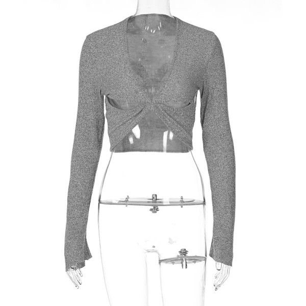 Sexy Deep V Neck Low Cut Navel Short Long Sleeve T-Shirt Bottom Shirt Hot Girl Top