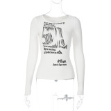 Abstract Letter Print Crew Neck Long Sleeve Slim Fit Bottoming Shirt Top T-Shirt