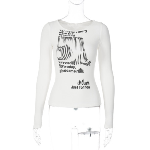Abstract Letter Print Crew Neck Long Sleeve Slim Fit Bottoming Shirt Top T-Shirt