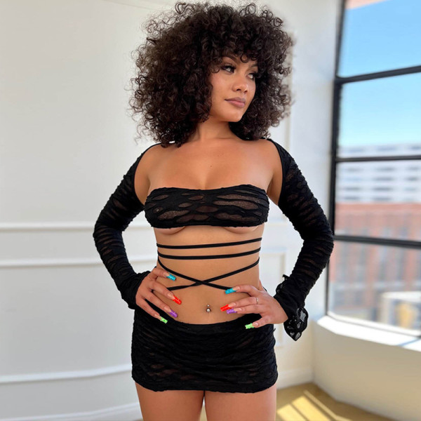One-word sexy tube top ultra-short tight waist tie wrap hip skirt suit