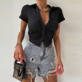 Solid Color Lapel Short Slim Fit Buttoned Cardigan Short Sleeve T-Shirt