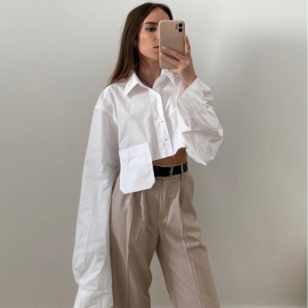 Navel-exposed ultra-short irregular niche design fashion casual polo collar shirt top
