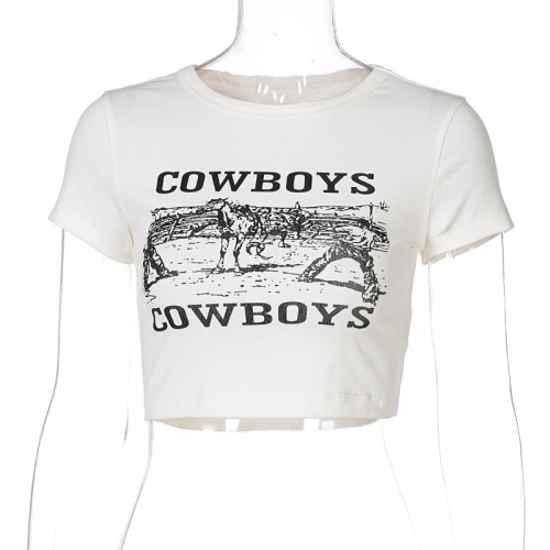 Women's Crew Neck Cropped Skinny Letter Print T-Shirt