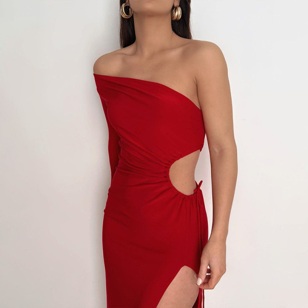 One-line neck slanted shoulder one-sleeve open-waist slit midi dress