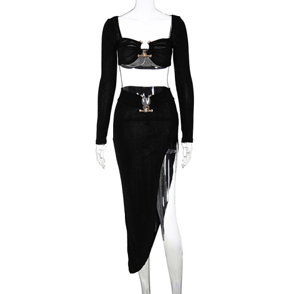 Sexy Slim Navel Square Collar Tube Top Long Sleeve Slit Skirt Two Piece