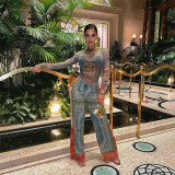 Fashion Print Sexy Sheer Long Sleeve Top High Waist Slim Fit Long Suit
