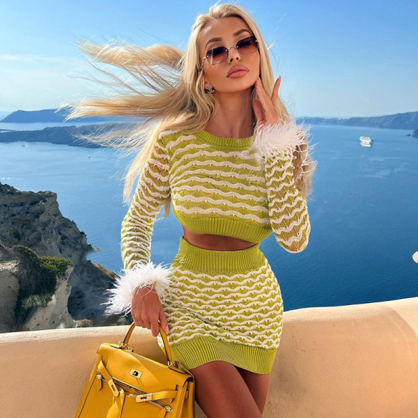 Fashionable lady style elegant navel knitted top skirt suit