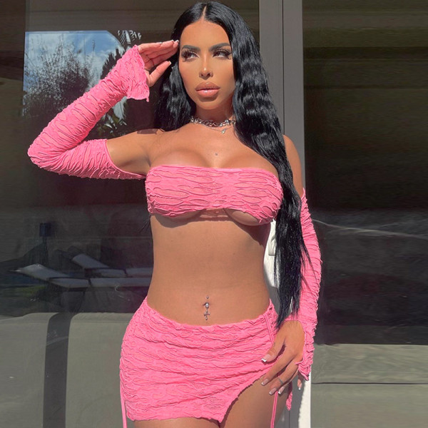 One-word sexy tube top ultra-short tight waist tie wrap hip skirt suit