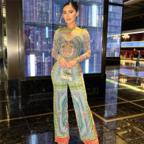 Fashion Print Sexy Sheer Long Sleeve Top High Waist Slim Fit Long Suit Fashion Print Sexy Sheer Long Sleeve Top High Waist Slim Fit Long Suit