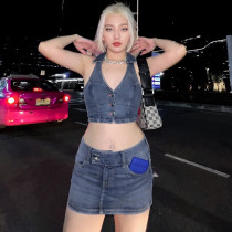 Short halter V-neck vest sexy pure lust pack hip skirt denim suit Short halter V-neck vest sexy pure lust pack hip skirt denim suit