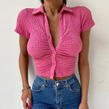 Solid Color Lapel Short Slim Fit Buttoned Cardigan Short Sleeve T-Shirt
