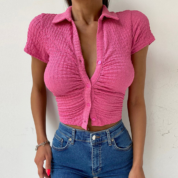 Solid Color Lapel Short Slim Fit Buttoned Cardigan Short Sleeve T-Shirt