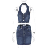 Short halter V-neck vest sexy pure lust pack hip skirt denim suit