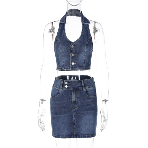Short halter V-neck vest sexy pure lust pack hip skirt denim suit