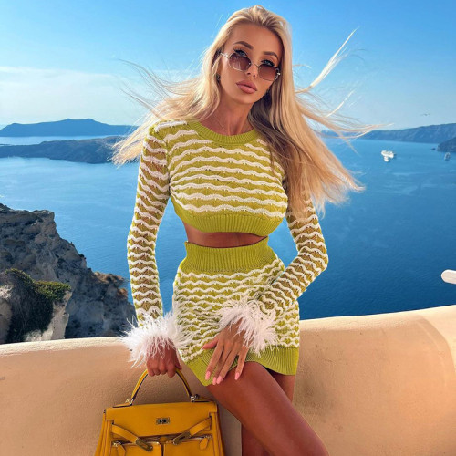 Fashionable lady style elegant navel knitted top skirt suit