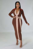 Stitching contrasting pit strip V-neck sexy dress (with belt)