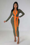Stitching contrasting pit strip V-neck sexy dress (with belt)