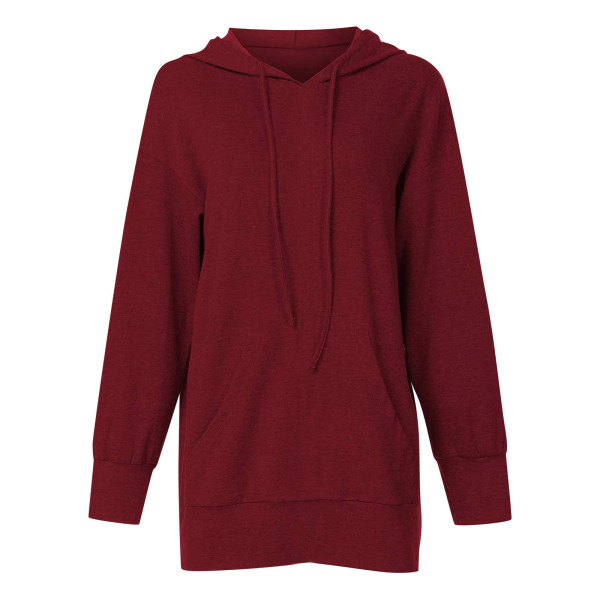 Ladies Fashion Solid Color Pocket Hoodie Loose Mid Length