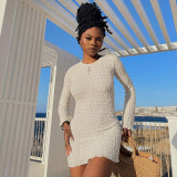 Bubble Thread Solid Halter Neck Tie Back Dress