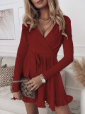 Solid Color Lace-Up V-Neck Long Sleeve Ruffle Dress Women's