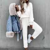 Two piece turtleneck casual solid color trousers with pockets