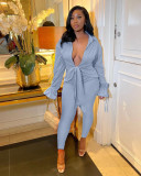 Autumn and winter sports slim solid color pleated flared sleeve casual two-piece suit