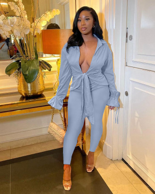 Autumn and winter sports slim solid color pleated flared sleeve casual two-piece suit