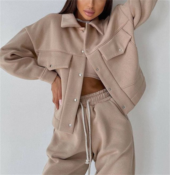 Solid Color Women's Jacket Top Casual Pants Set Long Sleeve Jacket Sweater Pants Two Piece Set