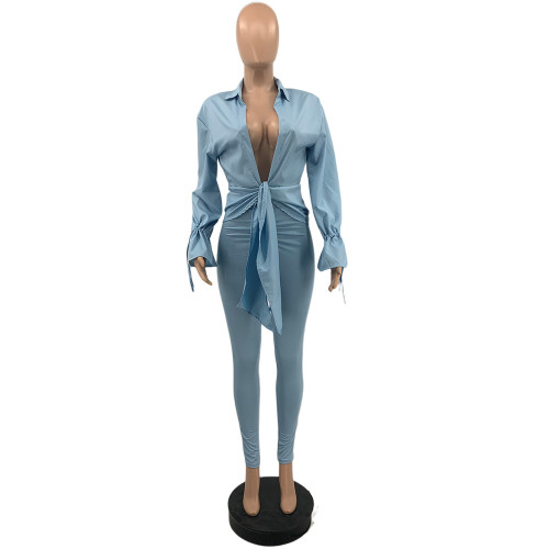 Autumn and winter sports slim solid color pleated flared sleeve casual two-piece suit