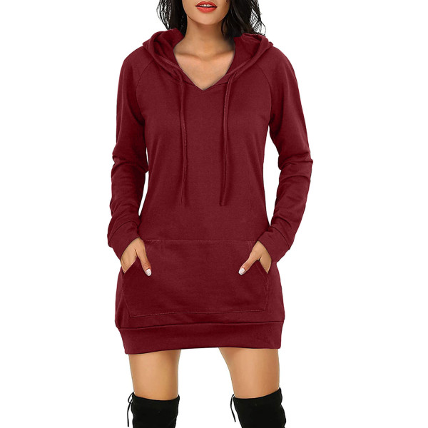 Ladies Fashion Solid Color Pocket Hoodie Loose Mid Length