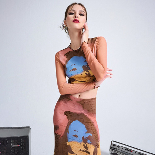 Printed Long Sleeve Ladies Suit Package Hip Skirt Two Piece Set