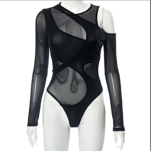 Fashion Sexy Mesh Sheer Tight Long Sleeve Bodysuit