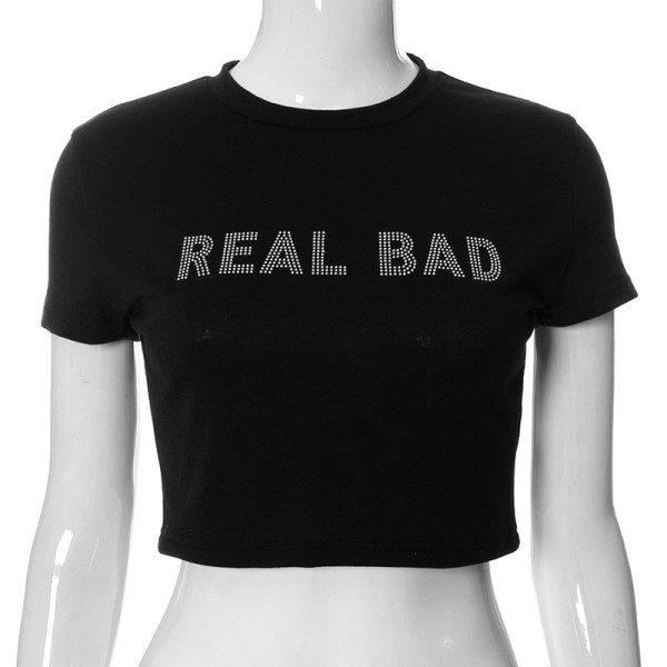 Hot drill tight-fitting cropped navel round neck short-sleeved T-shirt