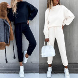 Two piece turtleneck casual solid color trousers with pockets