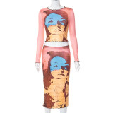 Printed Long Sleeve Ladies Suit Package Hip Skirt Two Piece Set