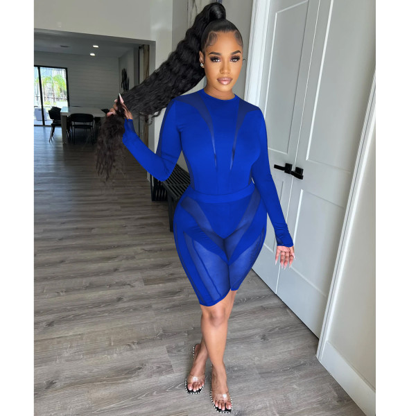 Fashion Women's Mesh Perspective Round Neck Pants Long Sleeve Two Piece Set