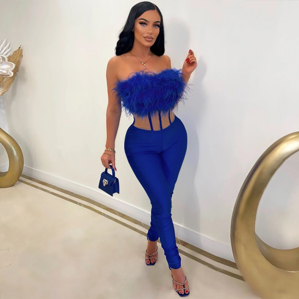 Fashionable sexy hair trimmed jumpsuit