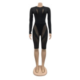 Fashion Women's Mesh Perspective Round Neck Pants Long Sleeve Two Piece Set