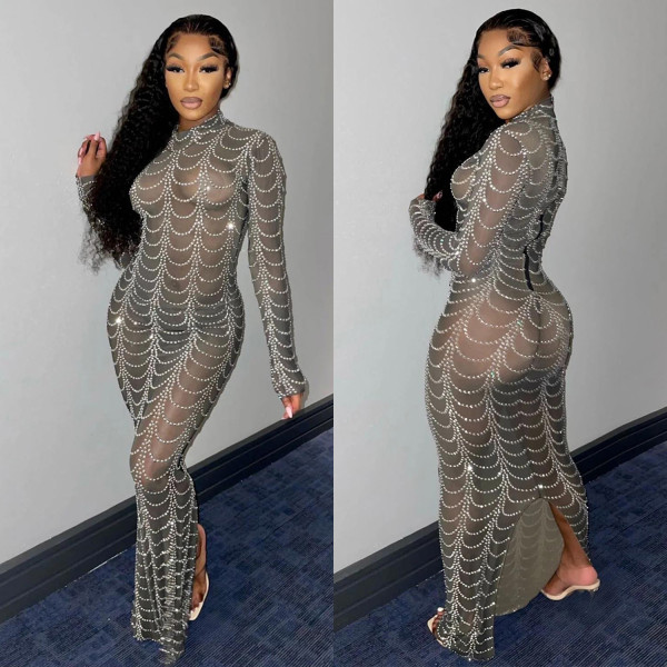 Women's sexy mesh perspective nightclub long sleeve dress