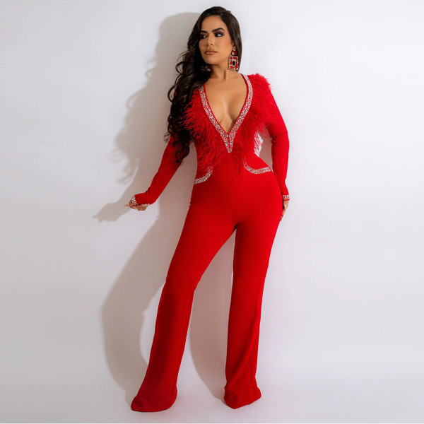 Sexy deep V feather collar fashion wide leg jumpsuit hot drilling