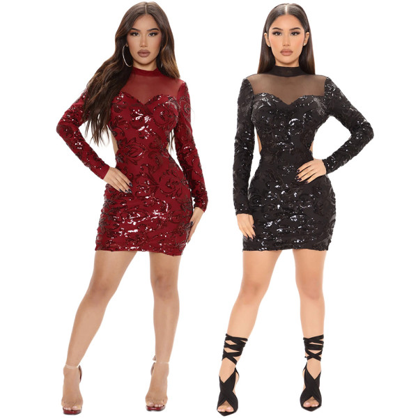 Fashion Sexy Perspective Mesh Round Neck Sequins Open Backpack Hip Party Dress