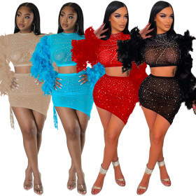 Round neck feather sleeve hot drill short top and irregular skirt two-piece set