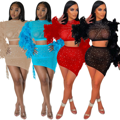Round neck feather sleeve hot drill short top and irregular skirt two-piece set