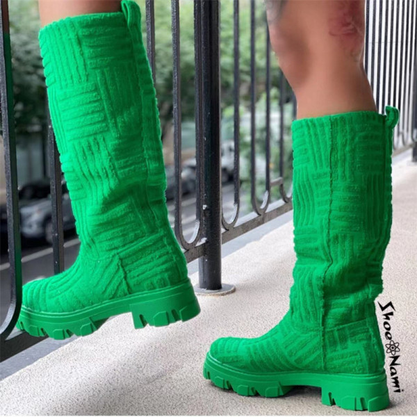 Large embossed suede boots for women's foreign trade round head low heel thick soled high boots