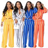 Women's printed striped shirt suit two-piece long sleeve loose straight trousers