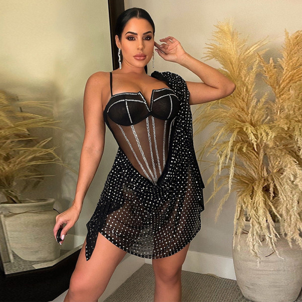 Fashion sexy perspective gauze hot drilling sling dress