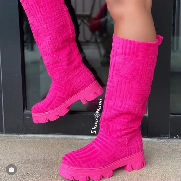 Large embossed suede boots for women's foreign trade round head low heel thick soled high boots